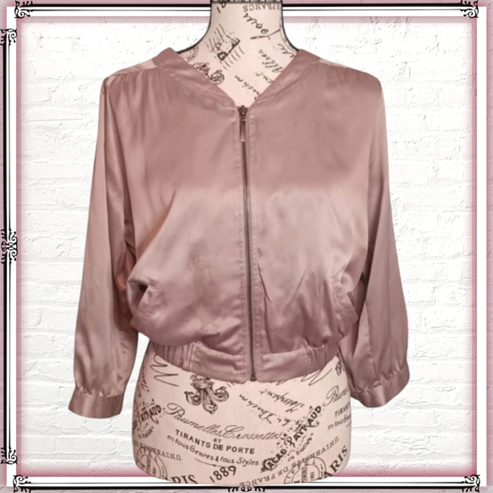 Charlotte Russe Satin Tan Cropped Bomber Jacket Size Sm